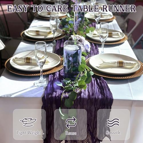 3 Pack 120 Inch Dark Purple Cheesecloth Table Runner Boho Rustic Gauze Sheer Romantic 10 FT Long Cheese Cloth Table Runner for Bridal Baby Shower Wedding Party Birthday Holiday Home Easter Decor