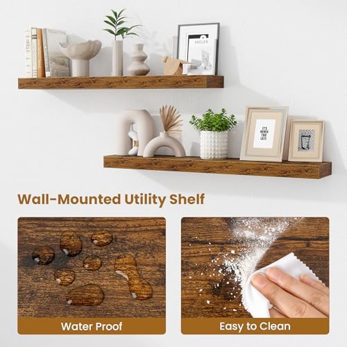 Fun Memories Floating Shelves for Room Wall, 36 Inch Long Shelf Set of 2， Hanging Wood Shelves for Storage & Display, Rustic Brown