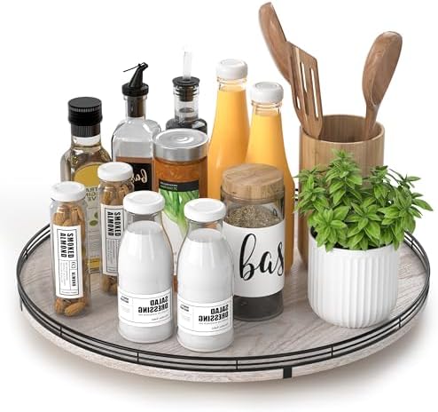AMH 16-Inch Whitewashed Farmhouse Oak Lazy Susan Organizer