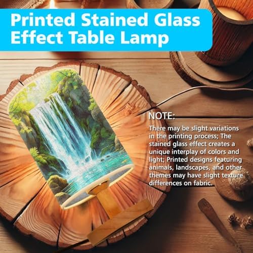 Waterfall in The Green Forest Table Lamp LED 3-Color Pressed Bedside, Waterfall in The Green Forest Shade Lamp with Wood Base for Bedroom Living Room Desk Office TL01
