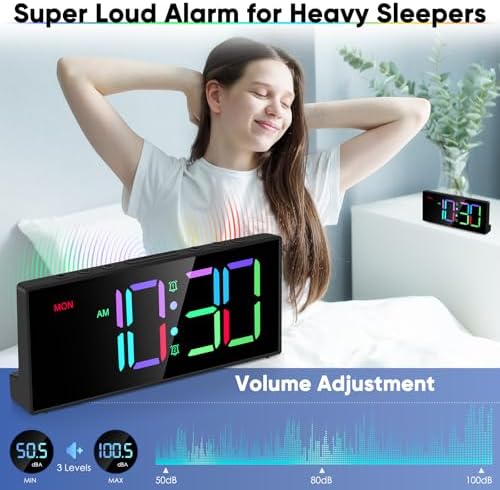 Tetino Alarm Clock for Heavy Sleepers, Digital Clocks with Adjustable Volume Brightness,Snooze,Battery Backup, Large Numbers Display RGB Colorful Changing Clock for Bedrooms,Office Living Rooms