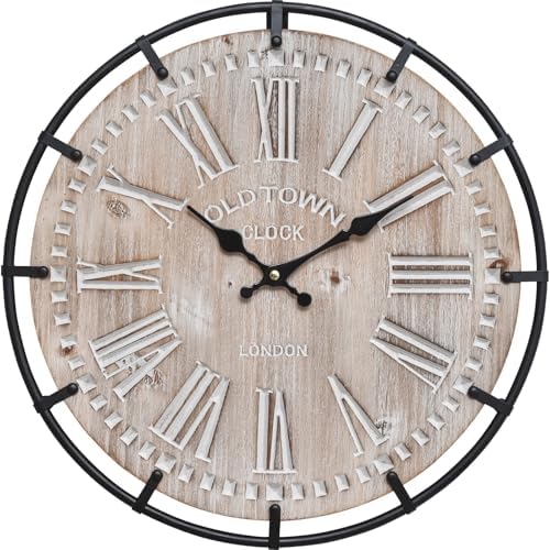 EMAX HOME 12 Inch Farmhouse Wall Clock Rustic Antique Wood with Metal Circle and Large Engraved Numerals, Silent Battery Operated Wall Clock for Office Kitchen Bedroom Living Room