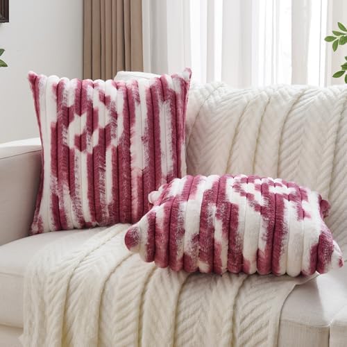 FUTEI Pack of 2 Faux Fur Throw Pillow Covers 26x26 Inch, Burgundy White