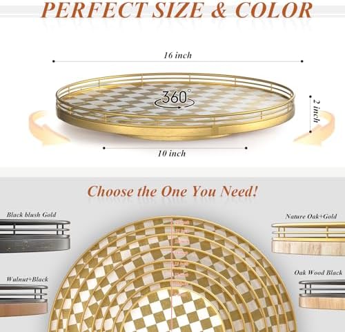 AMH 16-Inch Gold and White Checkerboard Lazy Susan with Rubberwood Base