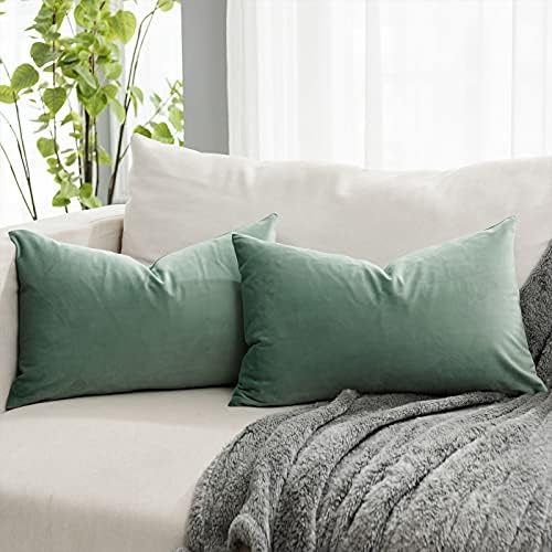Sage Decorative Lumbar Velvet Throw Pillow Covers 16x24 inch Set of 2 with Zipper Luxury Soft Solid Rectangle Cushion Covers Case for Sofa Couch Bed Living Room