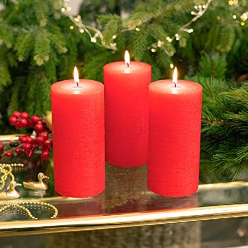 CANDWAX Assorted 3x3, 3x4, 3x8 Inch Red Pillar Candles Set of 3 - Smokeless Dripless Red Pillars - Perfect for Home Decor, Dinner Table Centerpieces, Party Decorations - Unscented Candles