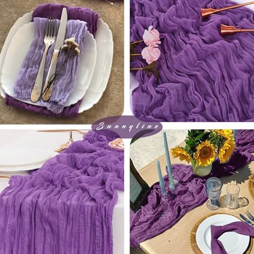 Purple 12 Pcs Cheesecloth Table Runner 10FT Runner for Tables Gauze Fabric 35 x 120 Inches Long Boho Table Runner Decoration Rustic Sheer Runner for Wedding Birthday Baby Shower Party (Purple)