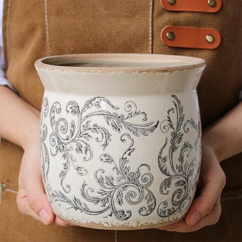 Rustic Ceramic Planter & Kitchen Utensil Holder, 6.21 Inch Vintage Crackle Glazed Flower Pot with Drainage Hole for Indoor Plants, Tuscan Living Room & Balcony Decoration, Gift for Mom (Gray)