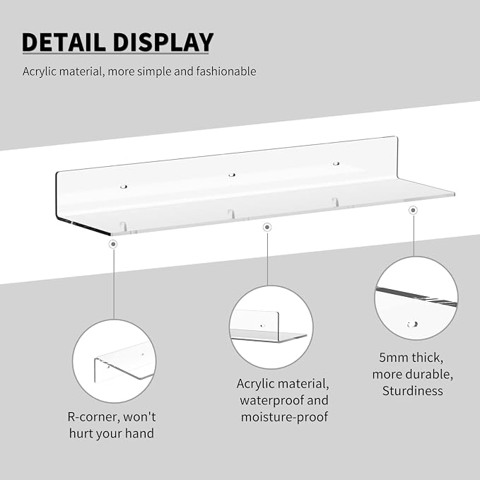 Sezanrpt Acrylic Wall Shelves 36 24 12 Inches, Clear Floating Shelf for Wall, Wall Mounted Display Shelves for Plants, Radio, Funko Pop, Stuffed Animal, Books, Clock, Cosmetics, Toiletries