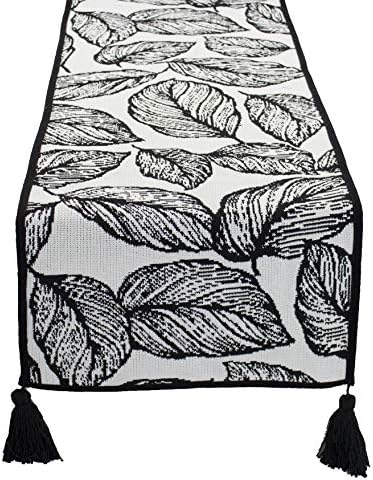Fennco Styles Black and White Leaf Woven Table Runner - 14 x 71 Inch Reversible Runner Table Centerpiece for Dining Home Decor, Indoor Parties, Holiday Events Tassel Table Runner