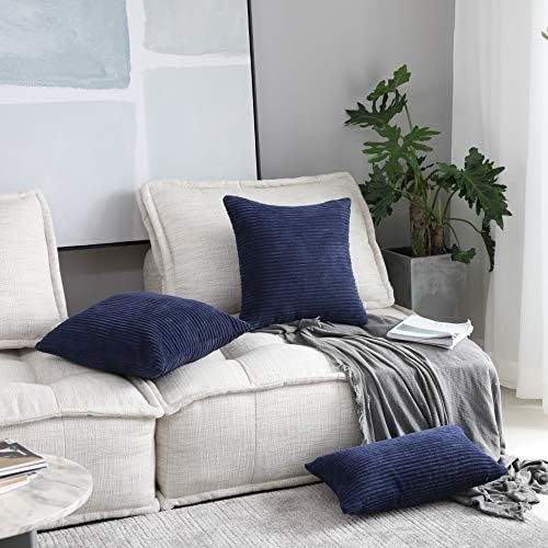 Home Brilliant Striped Decorative Corduroy Velvet Large Euro Sham Set of 2 60x60 cm Couch Throw Pillow Cover for Bed, 24 x 24 inch, Navy Blue