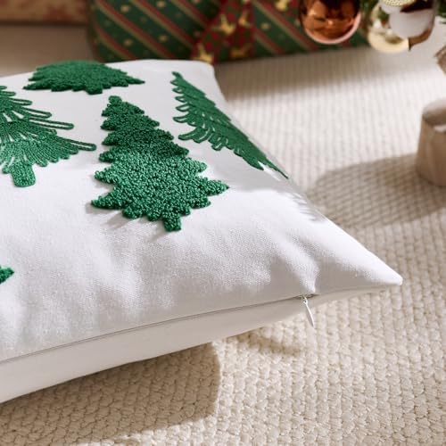 White Christmas Pillow Covers 12x20 Inch Embroidery Green Xmas Trees Decorative Lumbar Throw Pillow Cover Winter Holiday Pillow Case Cushion Cases for Sofa Couch Living Room Decorations
