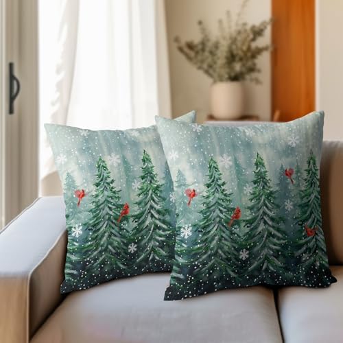 Watercolor Tree Throw Pillow Cover 16x16 inch Set of 2 Christmas Dark Green Trees Pillowcases Winter Red Bird Snowflake Decorative Cushion Covers Rustic Forest Pillow Protector for Home Sofa