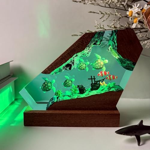 Handmade Turtles Resin Ocean Lamp with Wood Base