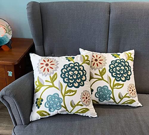 Flower Embroidered Pillow Covers 18x18 Summer Decorative Pillowcases Colorful Farmhouse Plant Cushion Covers for Couch Sofa Bed Living Room Picnic 2 Pcs