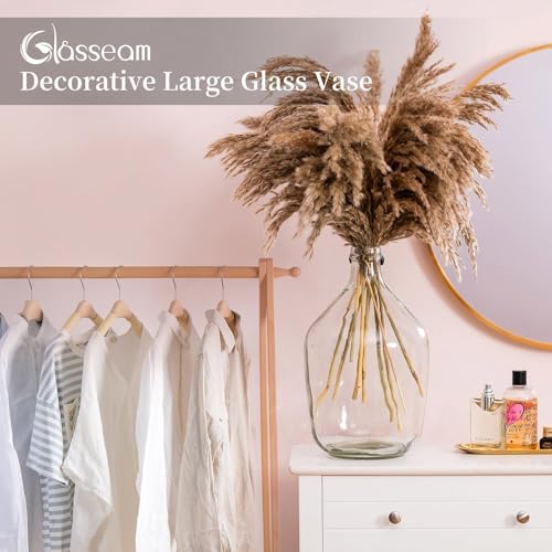 Glasseam Large Demijohn Clear Glass Vase for Pampas Grass, 15 Inch Tall | Oversized Big Jug Vase for Eucalyptus Branches, Greenery, Flowers, Farmhouse Decor, Living Room Home Decorations