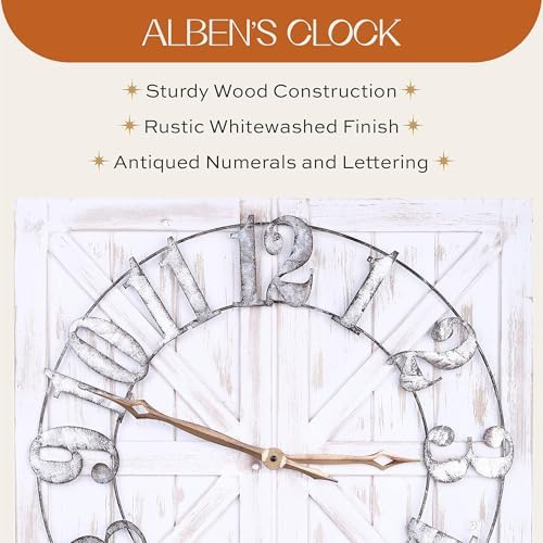 ALBEN Large Farmhouse Wall Clock - 24 inch Square Farmhouse Style Clock Bundled with Decorative Reversible Wooden Sign