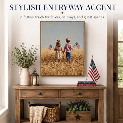 American Flag Framed Canvas Wall Art, 4th of July Patriotic Canvas Prints | Boy Holding USA Flag Poster Print, Modern Independence Day Wall Decor for Living Room Kids Room Dining Room Office 16×20in