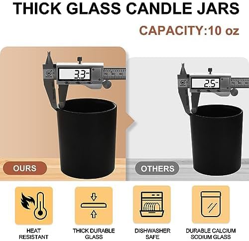 SHOWIN Thick Candle Jars for Making Candles 12 Pcs, 10 OZ Empty Jars with Wood Lids for Candle Making, Sample Container, Matte Black