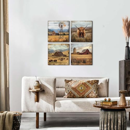 Farmhouse Wall Art Cow Pictures Wall Decor Rustic Barn Windmill Scenery Pictures Country Wilderness Canvas Prints Painting Poster Modern Artwork for Kitchen Living Room Home Decoration 20x20" 4Pcs