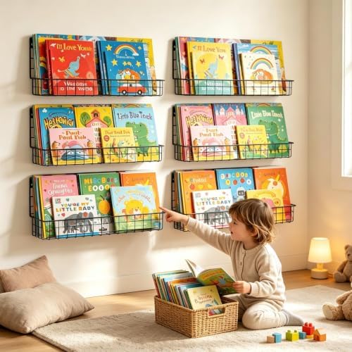 X-cosrack Floating Book Shelves for Wall Kids Bookshelf,Metal Hanging Wall Mounted Shelf for Nursery Toddler, Kids Room, Classroom,Set of 6,Black,2 Sizes