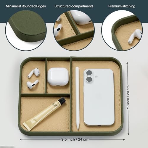 Nordik Leather Valet Tray - Medium EDC Tray - Moss Green 9.5 x 7.9 in