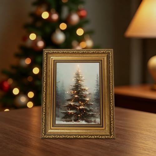 Fantasy Artists Christmas Framed Canvas Wall Art, Lighted Christmas Tree in Snowy Forest Gold Frame Print, Vintage Winter Holiday Decor for Living Room Bedroom Entryway, Ready to Hang, 8" Wx10 H
