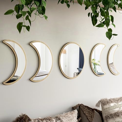10.4" Raw Acrylic Moon Phase Wall Mirror Set - 5-Piece Boho Celestial Decor for Living Room Bedroom Entryway, Easy Stick-On Installation, Shatterproof Safety Design