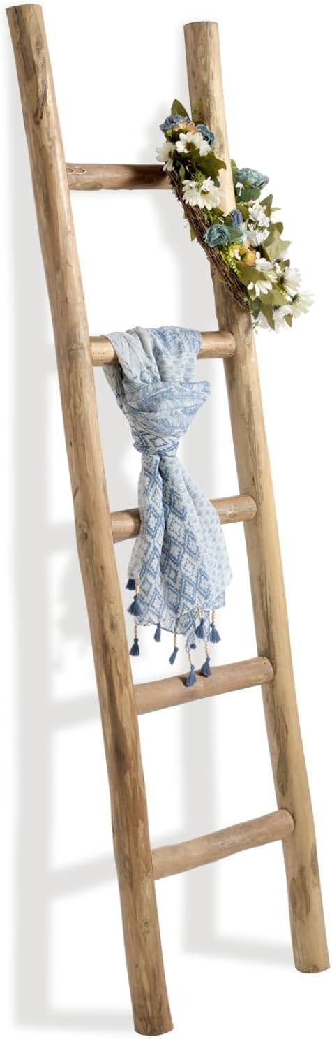 FUIN Blanket Ladder, 57in Rustic Wood Decor Rack, Fully Assembled, Brown | Farmhouse living room accent, Layered blanket towel quilt display, Visible wood grain, Bathroom and Bedroom use
