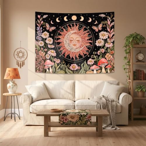 Accnicc Vintage Sun and Moon Boho Hippie Floral Tapestry 60x44 Inch