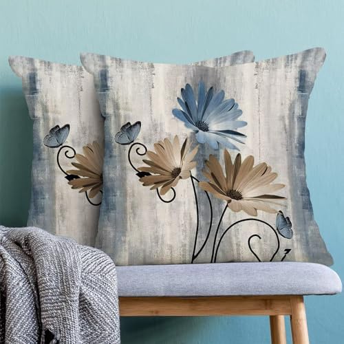 Blue Brown Floral Pillow Covers 18 x 18 Inch Set of 2 Daisy Floral Butterfly Decorative Throw Pillow Covers Linen Rustic Farmhouse Cushion Cases for Home Sofa Couch Living Room Decor