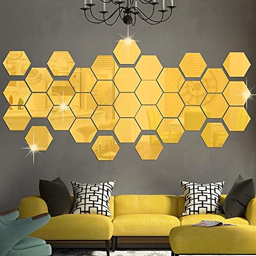 RW-103 36 Pcs Acrylic Hexagon Mirror Decals DIY Removable 3D Geometric Mirror Art Setting Wall Decor for Bedroom, Living Room, Office, Kitchen & Home (Gold)