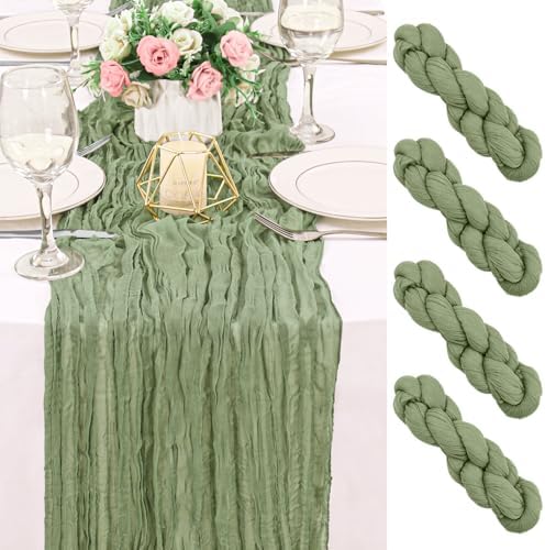 4 Pack 120 Inch Sage Green Cheesecloth Table Runner Boho Rustic Gauze Sheer Romantic 10 FT Long Cheese Cloth Table Runner for Bridal Baby Shower Wedding Party Birthday Holiday Home Easter Decor