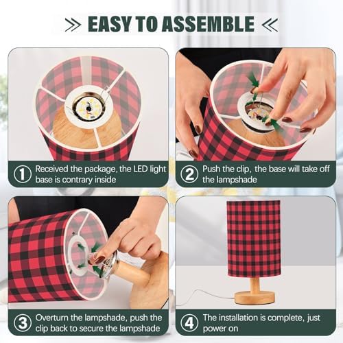Fustylead Red and Black Buffalo Plaid Bedside Table Lamps with USB Port for Bedroom Lamp Table Lamp Small Nightstand Lamp Sturdy Linen Shade Wooden Decorative Lamps for Home Dorm Office Living Room