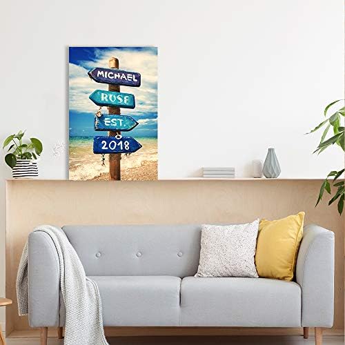 A&T ARTWORK Blue Sea Signport Personalized Canvas Prints Gift Couple's Names Sea and Love Sign Gift for Anniversary,Valentine's day,Wedding.30x20 inches