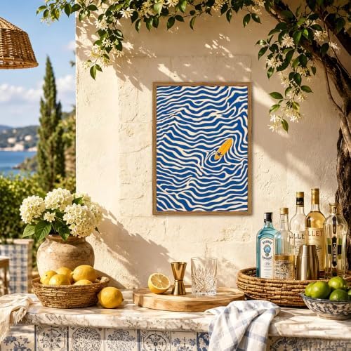 Framed Blue Coastal Surfboard Wall Art, Abstract Beach Surf Pictures Wall Decor, Summer Ocean Wave Paintings Canvas Prints Beachy Home Decor for Bathroom Bedroom Living Room 12x16 inch