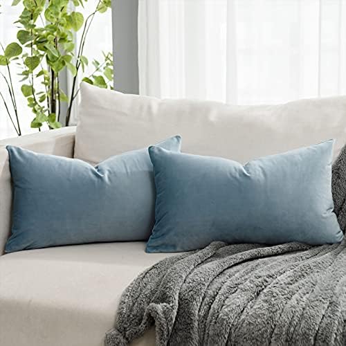 Light Blue Decorative Lumbar Velvet Throw Pillow Covers 16x24 inch Set of 2 with Zipper Luxury Soft Solid Rectangle Cushion Covers Case for Sofa Couch Bed Living Room