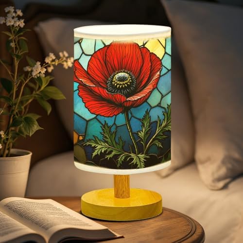 Poppy Table Lamp LED 3-Color Pressed Bedside, Poppy Shade Lamp with Wood Base for Bedroom Living Room Desk Office TL01