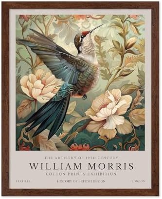 Poster Master William Morris Poster - Hummingbird Print - Bird Art - Botanical Art - Flower Design - Exhibition Artwork - Animal Illustration - Floral Illustration - Aesthetic Office or Bedroom Decor - 11x14 Brown Framed