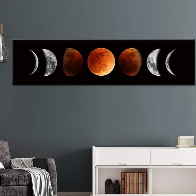 Moon Phase Wall Art, Black and Tawny Abstract Canvas Painting 47"x12" | Unframed canvas, ready to hang. Warm black & tawny moon phase art. Ideal for living room, bedroom, home office