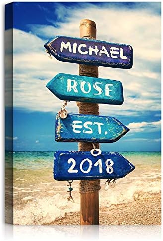 A&T ARTWORK Blue Sea Signport Personalized Canvas Prints Gift Couple's Names Sea and Love Sign Gift for Anniversary,Valentine's day,Wedding.30x20 inches