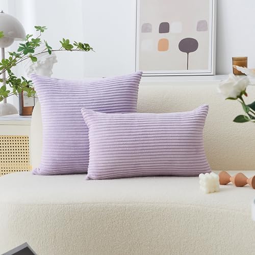 Home Brilliant Purple Pillow Cover Set Solid Supersoft 2 Pieces Corduroy Handmade Decorative Velvet Throw Pillows for Bed, 50cm, 20 x 20 Inch, Lavender