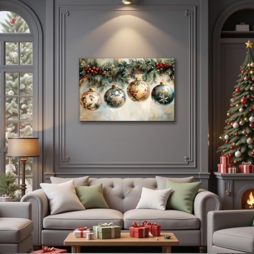 FLZYKGPA Vintage Christmas Canvas Pictures for Living Room & Bedroom Decor, Christmas Wall Decor 24x36in, Holiday Wall Art for Office, Floral Christmas Painting, Victorian Flower Holly Garland