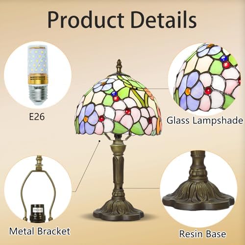 Small Tiffany Table Lamp, 3 Color Temperature, 8 Inch Antique Stained Glass Lamp for Bedroom Living Room Home, Handcrafted Light, Included Bulb (F Four Leaf Flower)
