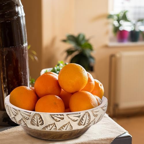 Natural Wooden Tray, Serving Bowl for Salad, Veggies and Fruits, Large Deep Tray for Family, Party (Bowl with Leaf Carving)