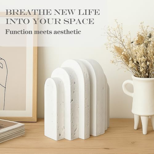 Decorative Book Ends for Shelves - Boho Aesthetic Bookends Decor - Heavy Duty Travertine Book Stopper Holder for Home Office Desk Coffee Table, Gifts for Book Lovers (White)
