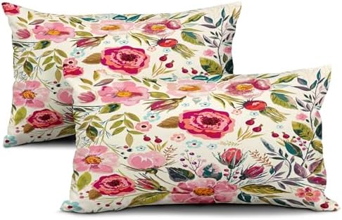 Spring Summer Flower Throw Pillow Covers 20x12 Inch Watercolor Peony Pillowcase Hot Pink Flora with Green Leaves Girly Decorative Cotton Cushion Cover Set of 2 for Home Garden Outdoor Bed