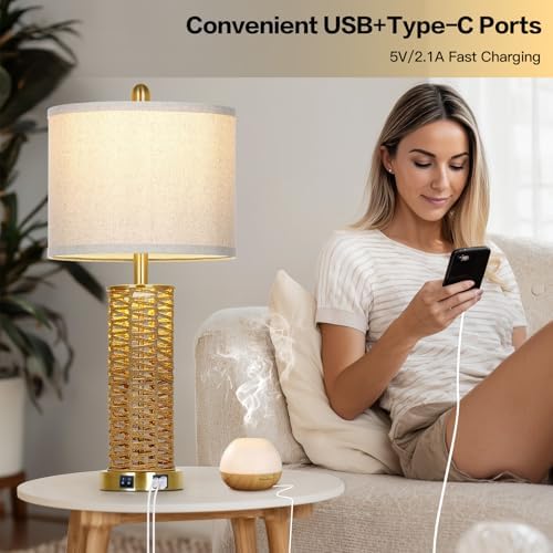 CINSARY 27" Natural Rattan Table Lamps Set of 2, Boho Bedside Lamp for Bedroom with Night Light, Woven Wicker Nightstand Lamps with 2 USB Ports & AC Outlet, Tall Farmhouse Living Room Lamp, Gold