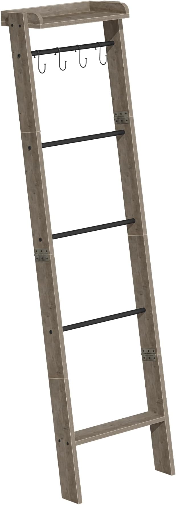 Hzuaneri Blanket Ladder Shelf, Farmhouse Ladder Holder, Blanket Organizer | 6-Tier Decorative Quilt Rack with 4 Removable Hooks 7.9" D x 17.3" W x 63.4" H, Greige BR35805B