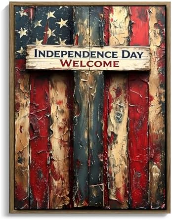 American Flag Framed Canvas Wall Art, 4th of July Patriotic Canvas Prints | USA Flag Wood Texture Poster Print, 4th of July Red White Blue Wall Decor for Bedroom Living Room 24×32in